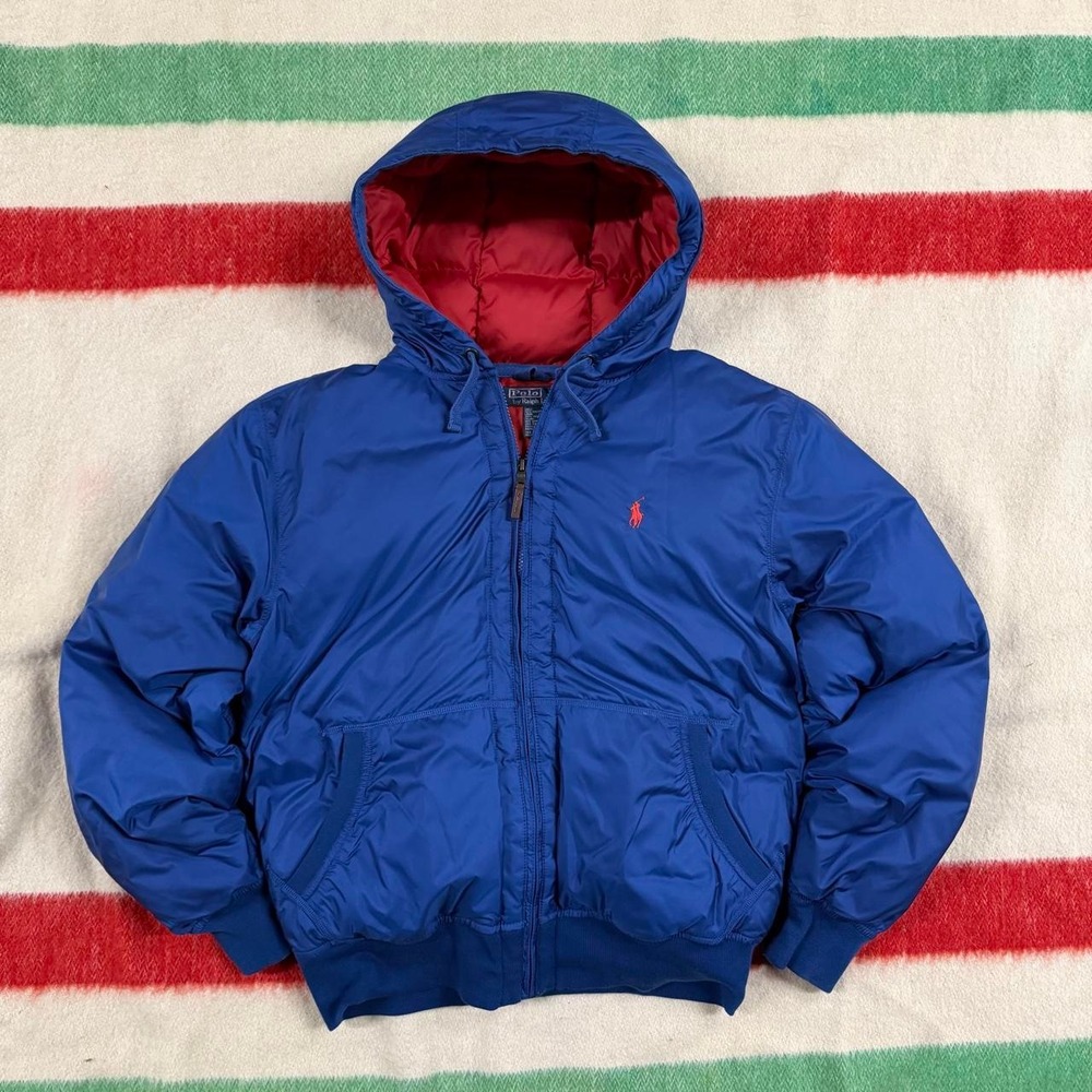 Vintage Polo Ralph Lauren Mens Blue Down Puffer Bomber Jacket Hooded Large